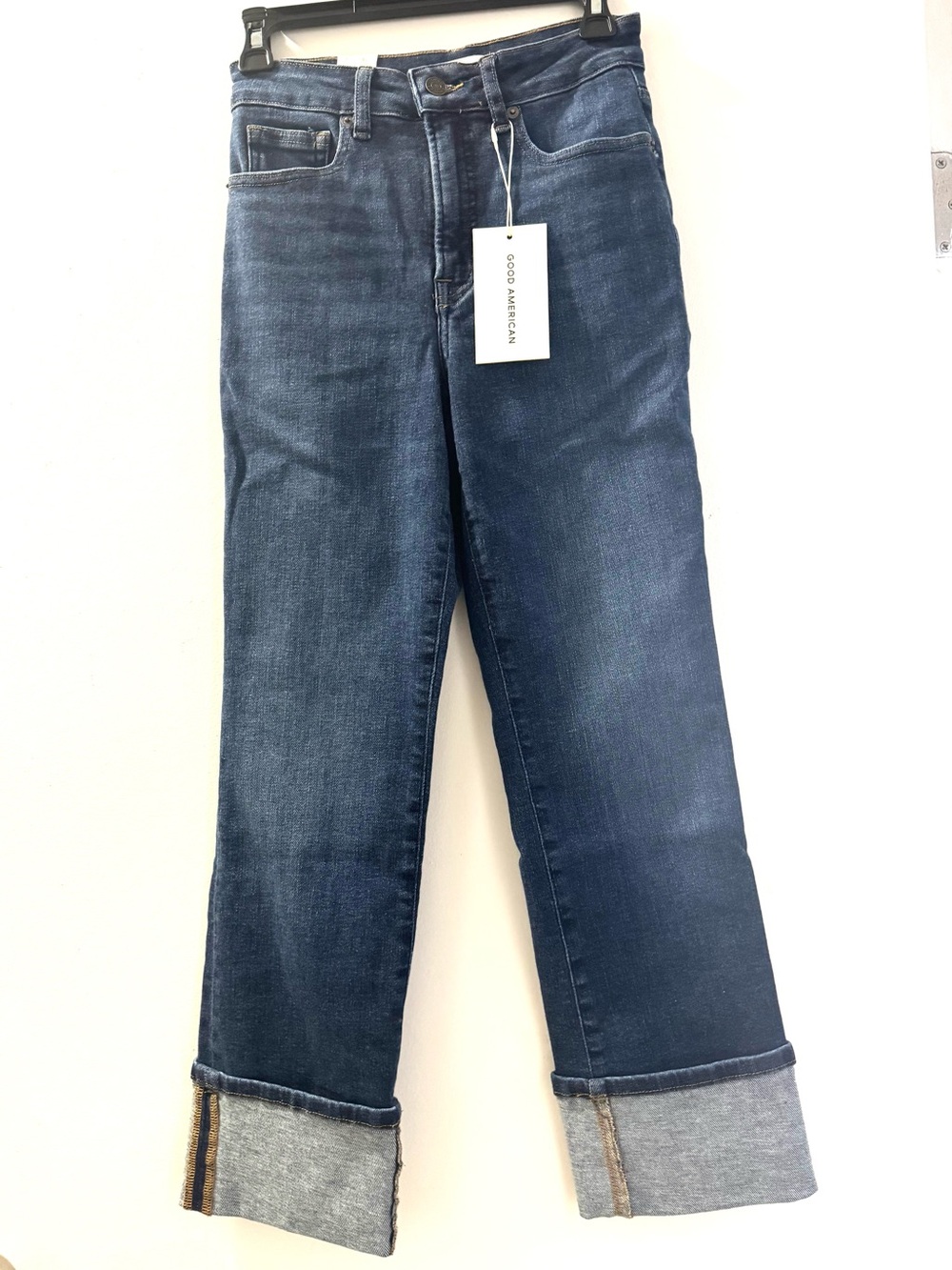 Good American Dark Indigo Straight-Leg Jeans with Cuffed Hem Size 30 Inseam 27.5
